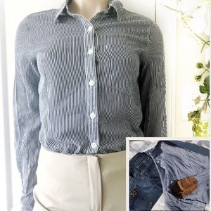 Callie Mac striped button-down shirt, elbow patch
